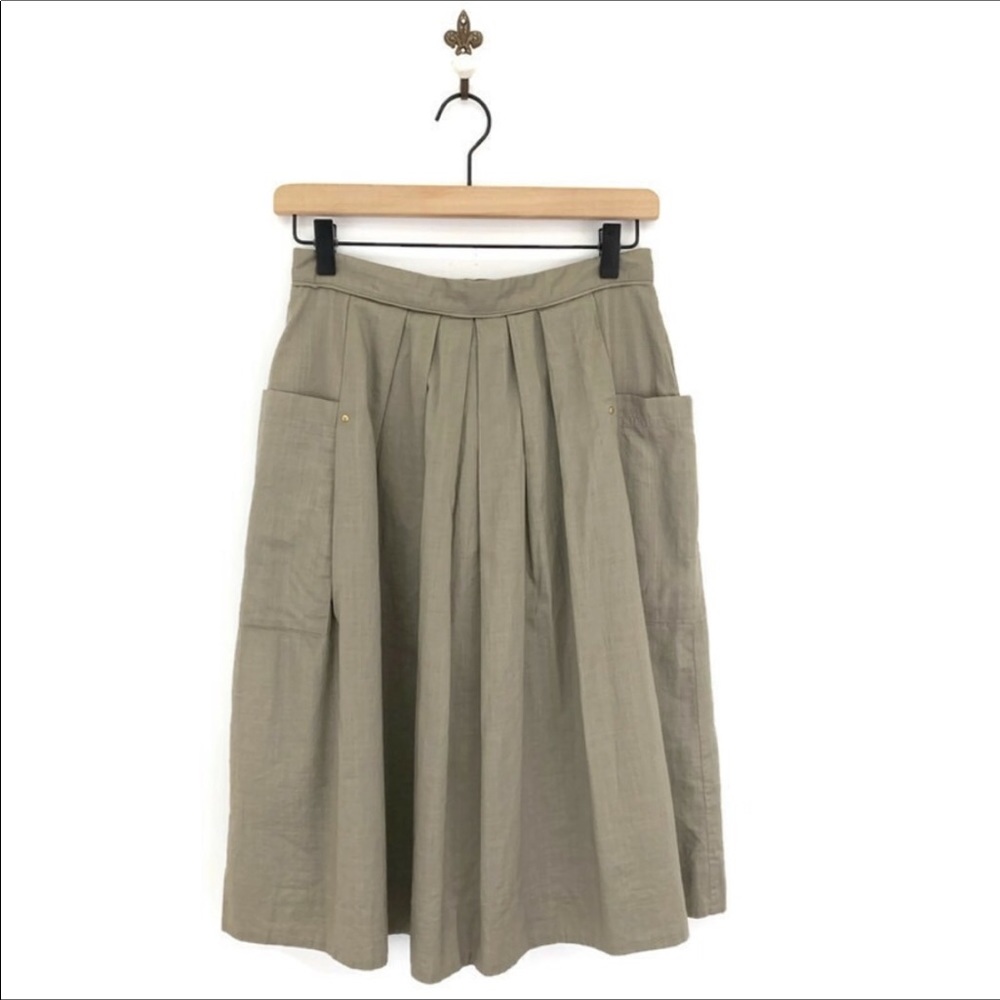 Odille Khaki A-line Pleated Midi Skirt